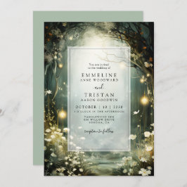 Betoverd bospad van bloemen groene bruiloft kaart