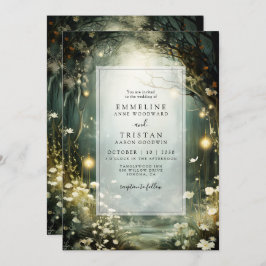 Betoverd bospad van bloemen groene bruiloft kaart