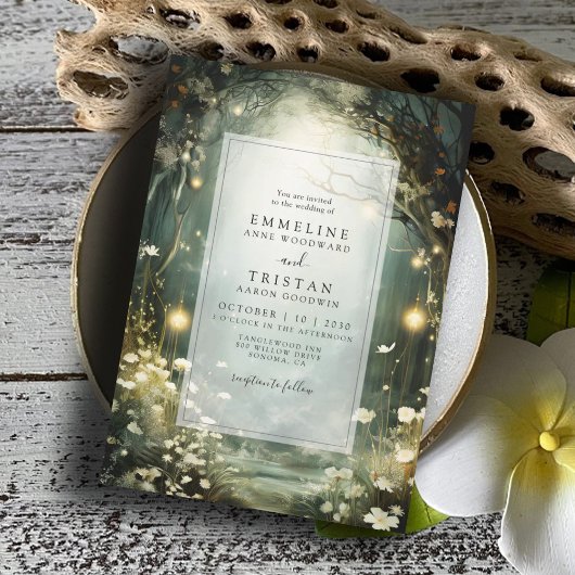 Betoverd bospad van bloemen groene bruiloft kaart