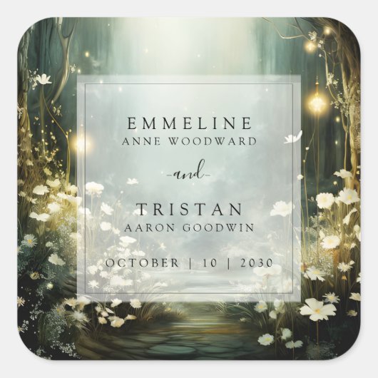 Betoverd bospad van bloemen groene bruiloft vierkante sticker (Voorkant)
