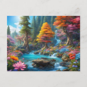 Betoverd Fantasie Bos, Waterval, Bloemen Briefkaart
