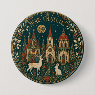 Betoverd Gouden Prettig Kerstfeest Dorp Ronde Button 7,6 Cm