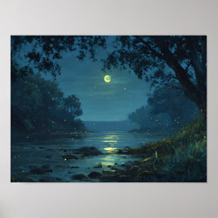 Betoverd Nachtelijk Rivier- en Vuurvliegjes Landsc Poster