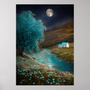 Betoverd nachtschap - droomachtig rivierlandschap poster