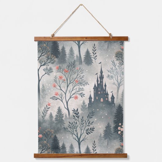 Betoverd nevelwoud met donker kasteel – etherisch hangend wandkleed (Voorkant)
