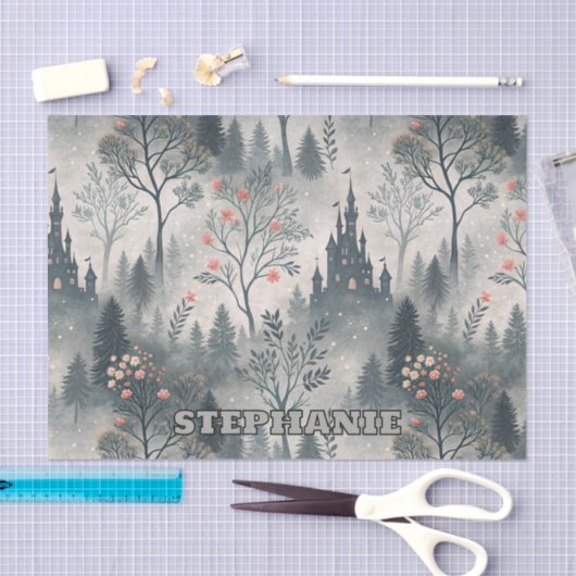 Betoverd nevelwoud met donker kasteel – etherisch tissuepapier (Craft)