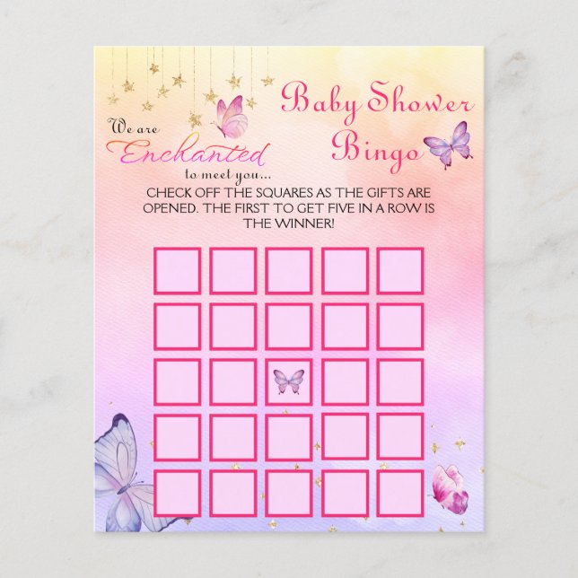 Betoverd om Butterfly Baby shower Game Bingo te on (Voorkant)