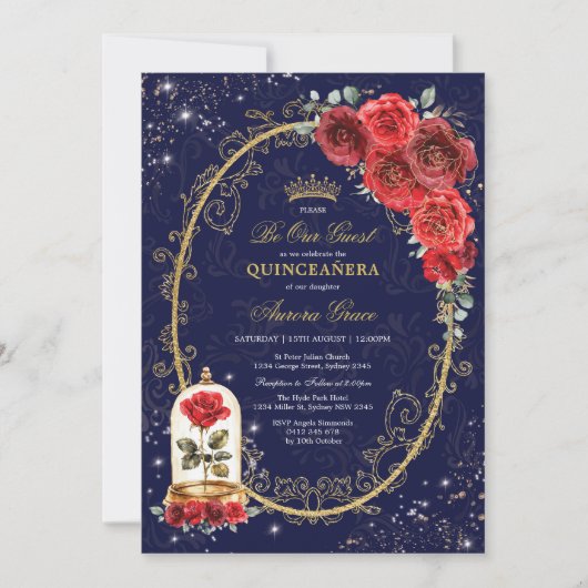 Betoverd Roos Quinceañera Navy Red Gold Verjaardag Kaart (Voorkant)