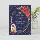 Betoverd Roos Quinceañera Navy Red Gold Verjaardag Kaart (Staand voorkant)