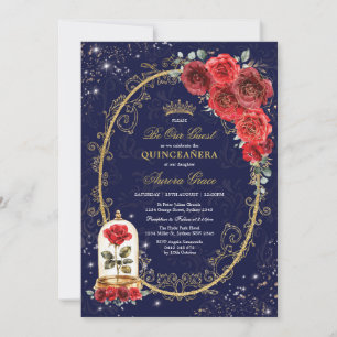 Betoverd Roos Quinceañera Navy Red Gold Verjaardag Kaart