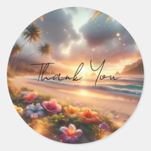 Betoverd tropisch strand met magische hibiscus ronde sticker