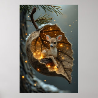 🦌 Betoverd Winterhertje – Gloeiende Blad Cocon Poster