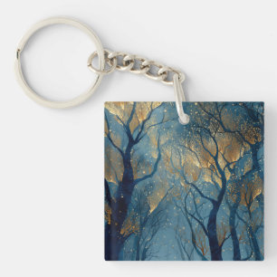 Betoverd Winterwoud met Gloeiende Gouden Bomen Sleutelhanger