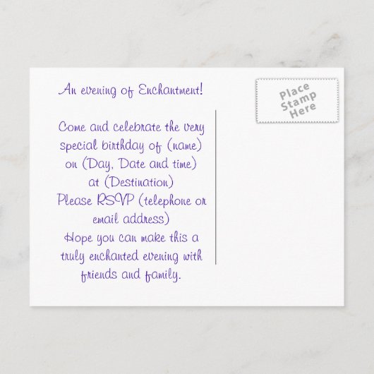 Betoverde avond, viering, verjaardag, bruids uitnodiging briefkaart (Achterkant)