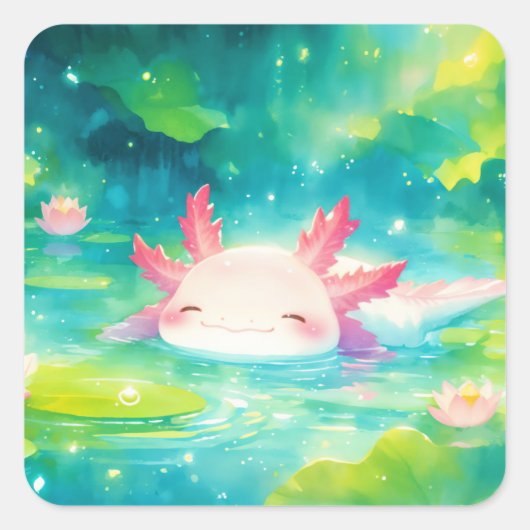 Betoverde Axolotl Vijver Gelukzaligheid Vierkante Sticker (Voorkant)