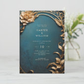 Betoverde blauw en goud bruiloft kaart (Staand voorkant)