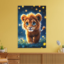 Betoverde blauw-ogige leeuwenwelp in vuurvlieggloe canvas afdruk