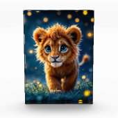 Betoverde blauw-ogige leeuwenwelp in vuurvlieggloe fotoblokken (Voorkant)