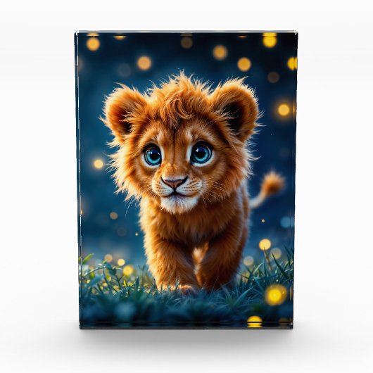Betoverde blauw-ogige leeuwenwelp in vuurvlieggloe fotoblokken (Voorkant)