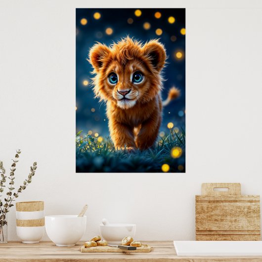 Betoverde blauw-ogige leeuwenwelp in vuurvlieggloe poster (Keuken)