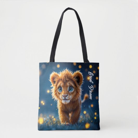 Betoverde blauw-ogige leeuwenwelp in vuurvlieggloe tote bag (Voorkant)