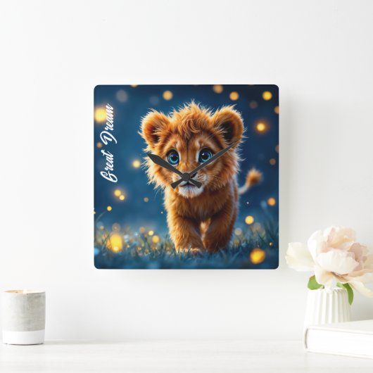 Betoverde blauw-ogige leeuwenwelp in vuurvlieggloe vierkante klok (Huis)