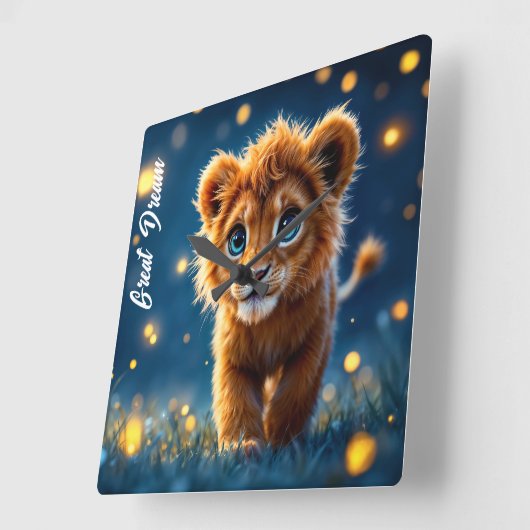 Betoverde blauw-ogige leeuwenwelp in vuurvlieggloe vierkante klok (Hoek)