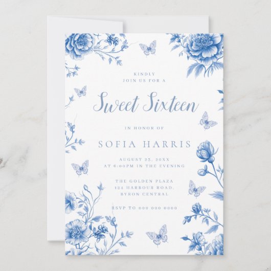 Betoverde  Blauwe Bloemen Sweet 16 Verjaardag Kaart (Voorkant)