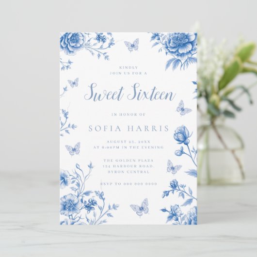 Betoverde Blauwe Bloemen Sweet 16 Verjaardag Kaart (Staand voorkant)