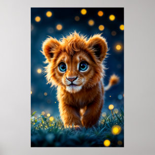 Betoverde blauwoog leeuwenwelp in vuurvliegengloed poster
