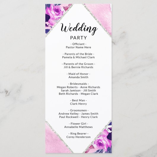 Betoverde Bloemen Paarse Diamant Trouwceremonie Programmakaart (Achterkant)