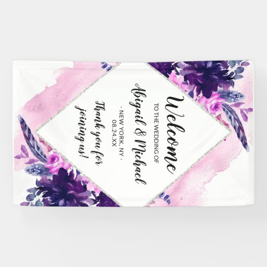 Betoverde Bloemen Paarse Trouwbord Welkom Spandoek (Horizontaal)