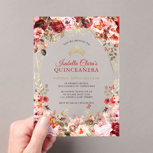 Betoverde Bloemen Scarlet Elegantie Goud Quinceane Acryl Uitnodigingen (Insitu (Draagbaar))
