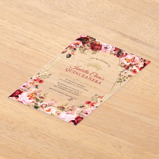 Betoverde Bloemen Scarlet Elegantie Goud Quinceane Acryl Uitnodigingen (Laagn)