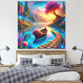 Betoverde Bloemenboot op Serene Waters Fantasy Canvas Afdruk