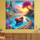 Betoverde Bloemenboot op Serene Waters Fantasy Canvas Afdruk (Insitu (Woonkamer))