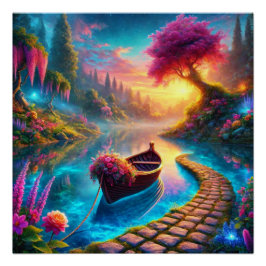 Betoverde Bloemenboot op Serene Waters Fantasy Perfect Poster