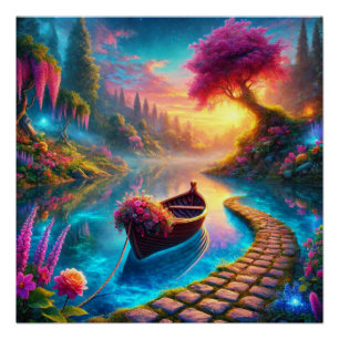 Betoverde Bloemenboot op Serene Waters Fantasy Perfect Poster