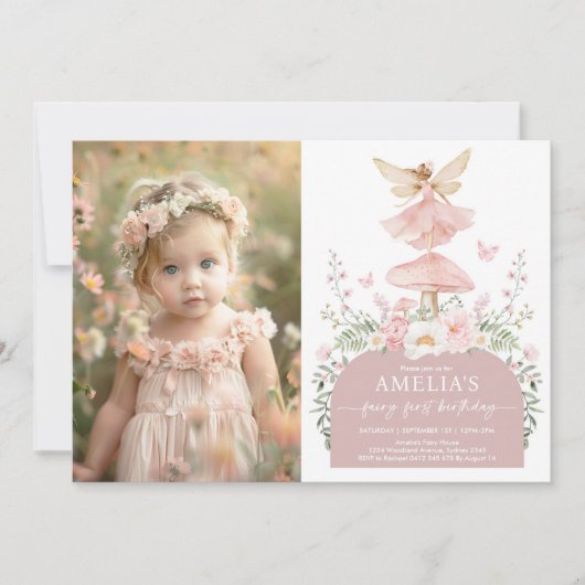Betoverde Bloemenfee Eerste 1e Verjaardag Foto Kaart (Voorkant)