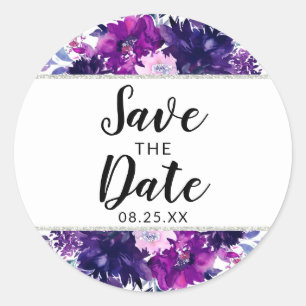 Betoverde Bloemenviooltje en Zilver Save the Date Ronde Sticker