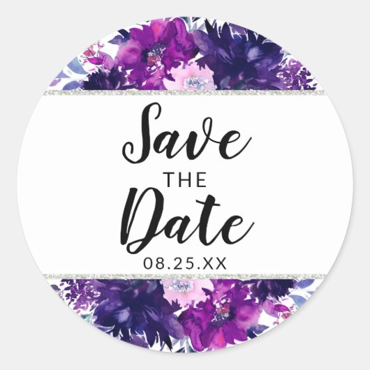 Betoverde Bloemenviooltje en Zilver Save the Date Ronde Sticker (Voorkant)