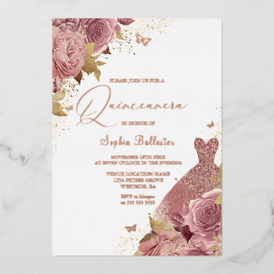 Betoverde Blos met Echt Roze Goud Quinceanera Folie Uitnodiging