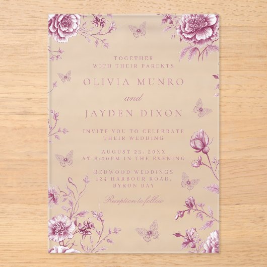 Betoverde  Blush Dusty Roos Bloemen bruiloft Acryl Uitnodigingen (Voorkant)