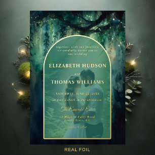 Betoverde Boho Arch Emerald Gold bruiloft Folie Uitnodiging