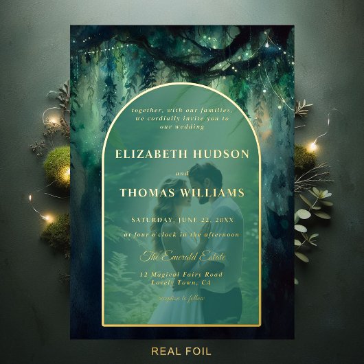Betoverde Boho Arch Emerald Gold bruiloft Folie Uitnodiging
