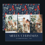 Betoverde bos blauw rood Nordic Photo Collage Feestdagenkaart<br><div class="desc">Blauwe en rode foto Vrolijke kerstkaart met een fotocollage op een donkerblauwe achtergrond. Betoverd bos met dieren,  vogels,  volksbotanicals en Scandinavische ornamenten aan de achterkant. Personaliseer deze magische kerstkaart eenvoudig met uw foto's en tekst.</div>