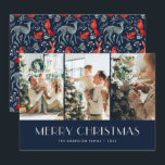 Betoverde bos blauw rood Nordic Photo Collage Feestdagenkaart<br><div class="desc">Blauwe en rode foto Vrolijke kerstkaart met een fotocollage op een donkerblauwe achtergrond. Betoverd bos met dieren,  vogels,  volksbotanicals en Scandinavische ornamenten aan de achterkant. Personaliseer deze magische kerstkaart eenvoudig met uw foto's en tekst.</div>