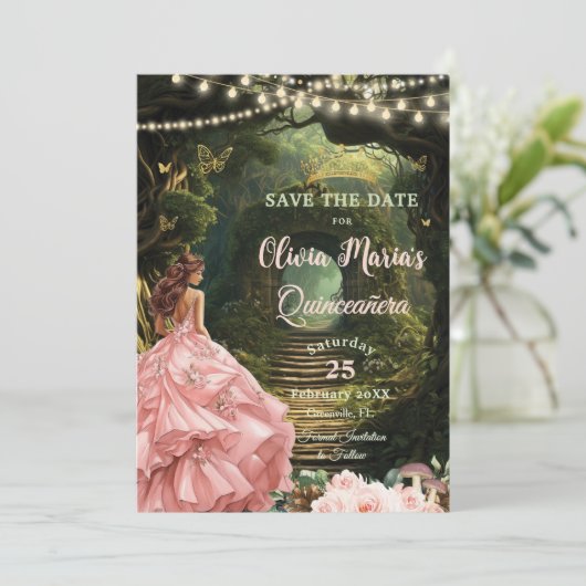 Betoverde Bos Blush Bloemen Quinceañera Sweet 16 Save The Date (Staand voorkant)
