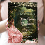 Betoverde Bos Blush Bloemen Quinceañera Sweet 16 Save The Date<br><div class="desc">Zet het podium voor een magisch feest met deze Enchanted Forest Quinceañera Save the Date. Met een mooi meisje in een blush roze baljurk omringd door fonkelende sprookjesachtige lichten en betoverd groen, is dit dromerige ontwerp perfect voor een sprookje Quinceañera. Ideaal voor betoverde bosthema's, bosprinsessenthema's, op verhalen geïnspireerde evenementen en...</div>
