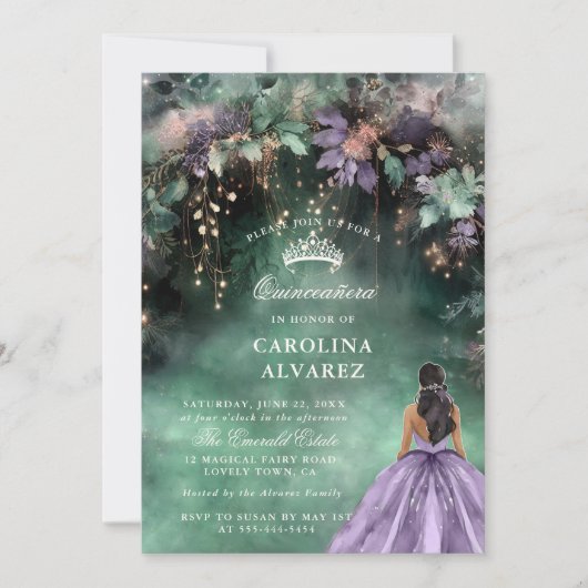 Betoverde Bos Boog Gouden Lavendel Quinceanera Kaart (Voorkant)